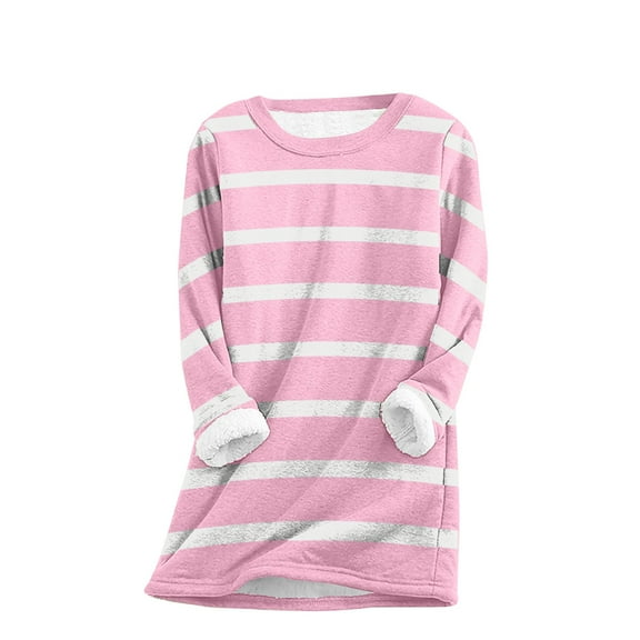 pimelu Fleece Sweatshirt for Women Womens Thickened Plush Sweatshirts Winter Soft Fuzzy Fleece Sherpa Sweater Long Sleeve Fashion Striped Print Ladies Pullover Tops