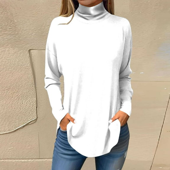 pimelu Long Sleeve Tops for Women Casual Pullover Tops for Women Spring Long Sleeve Turtleneck Lightweight Tunic Blouses Ladies Girls Trendy Solid Tee Shirts