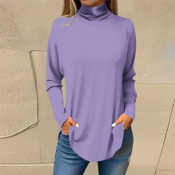 pimelu Long Sleeve Tops for Women Casual Pullover Tops for Women Spring Long Sleeve Turtleneck Lightweight Tunic Blouses Ladies Girls Trendy Solid Tee Shirts