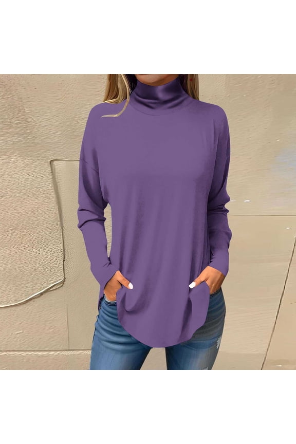 Long Sleeve Tops for Women Casual Pullover Tops for Women Spring Long Sleeve Turtleneck Lightweight Tunic Blouses Ladies Girls Trendy Solid Tee Shirts