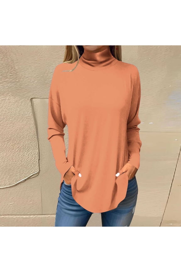 Long Sleeve Tops for Women Casual Pullover Tops for Women Spring Long Sleeve Turtleneck Lightweight Tunic Blouses Ladies Girls Trendy Solid Tee Shirts