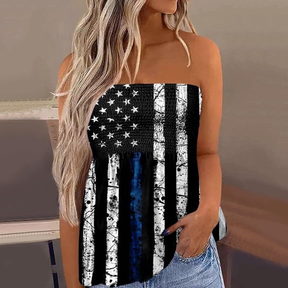 pimelu Plus Womens Tops Dressy Casual American Flag Tube Tops for Women Strapless Sleeveless Summer Tube 4th of July Stars Striped Crop Top Pleated Tank Blouse Summer Saving