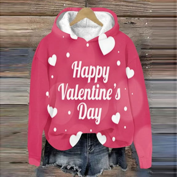 pimelu Plush Sweatshirt for Women Happy Valentine's Day Womens Winter Warm Thickened Soft Fleece Lined Hooded Sweatshirts Fashion Heart Print Plush Pullover Hoodies Tops