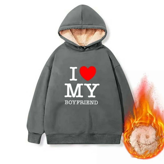 pimelu Plush Sweatshirt for Women Valentine's Day Hoodies for Women Winter Warm Thickened Soft Fleece Lined Hooded Sweatshirt Fashion Letter Print Sherpa Pullover Sweater Tops
