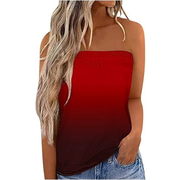 pimelu Sleeveless Womens Blouses and Tops Dressy Gradient Strapless Bandeau Plus Womens Tops Casual Ombre Tube Tops Tanks T-Shirts Shirt for Women Trendy Off Shoulder Tunic Plus Size