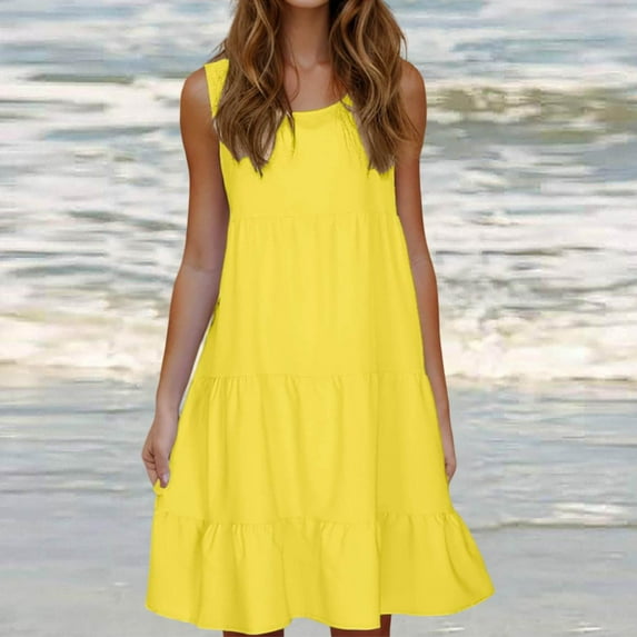 pimelu Summer Dresses for Women 2025, Women's Casual Summer Tank Dresses Sleeveless Knee Length Pleated Sun Dresses Casual Loose U Neck Dresses