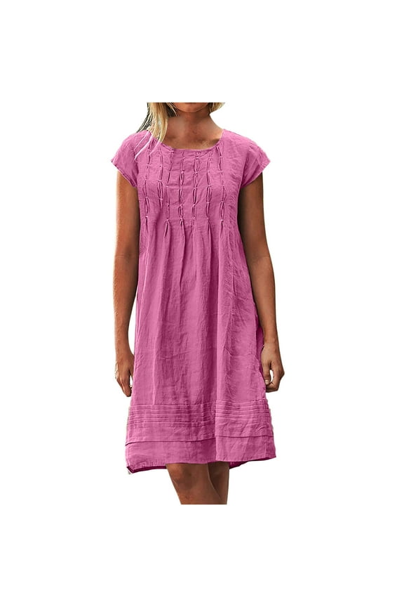 pimelu Summer Dresses for Women Casual Solid Linen Cotton Pleated T Shirt Midi Beach Party Sundresses Short Sleeve Plus Dresses Round Neck Sun Dress Wedding Guest