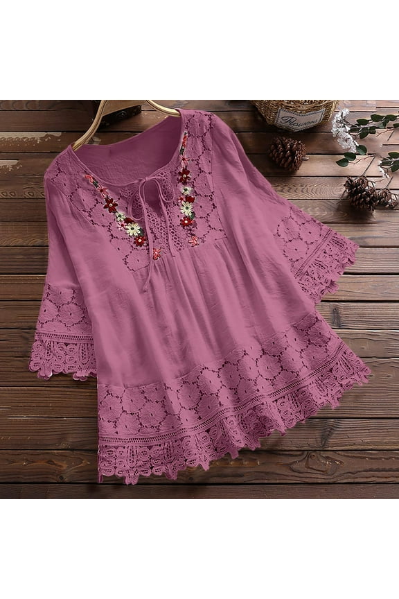 Tunic Top for Women Womens Tops Elegant Lace Patchwork V Neck Plus Size Swing Shirts with Tie Trendy Solid Elbow-Length Womens Blouses