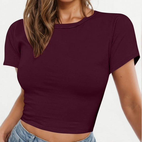 pimelu Summer Tops For Women Trendy Women's Basic Short Sleeve Round Neck Crop Top Summer Casual Plain Crop Tops T-Shirt Tee for Juniors Girls
