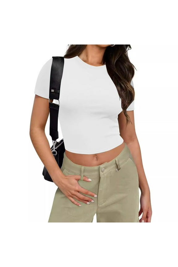 Summer Tops For Women Trendy Women's Basic Short Sleeve Round Neck Crop Top Summer Casual Plain Crop Tops T-Shirt Tee for Juniors Girls