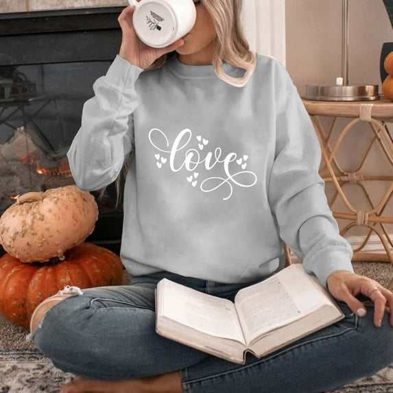 pimelu Sweatshirt for Women Oversized Sweatshirt for Women Valentine's Day Fashion Love Letter Print Heart Graphics Pullover Sweater Spring Ladies Long Sleeve Crewneck Blouses Tops