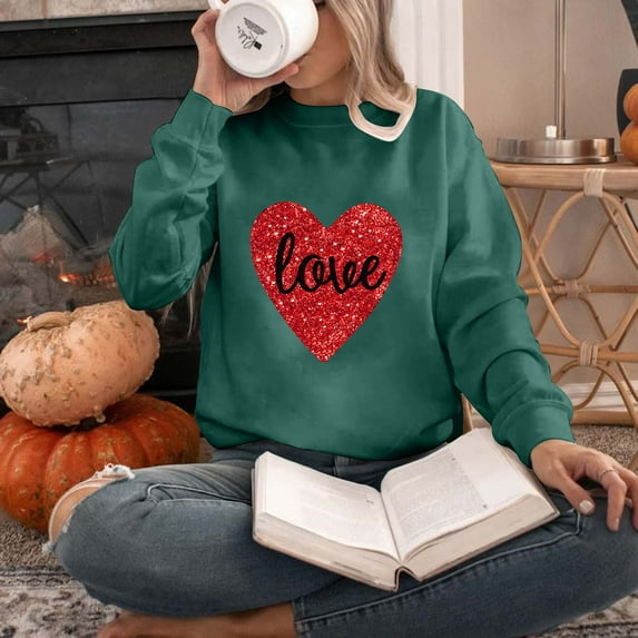 pimelu Sweatshirt for Women Womens Crewneck Sweatshirt Valentine's Day Fashion Heart Graphics Love Letter Print Pullover Blouses Ladies Loose Crewneck Long Sleeve Sweater Tops
