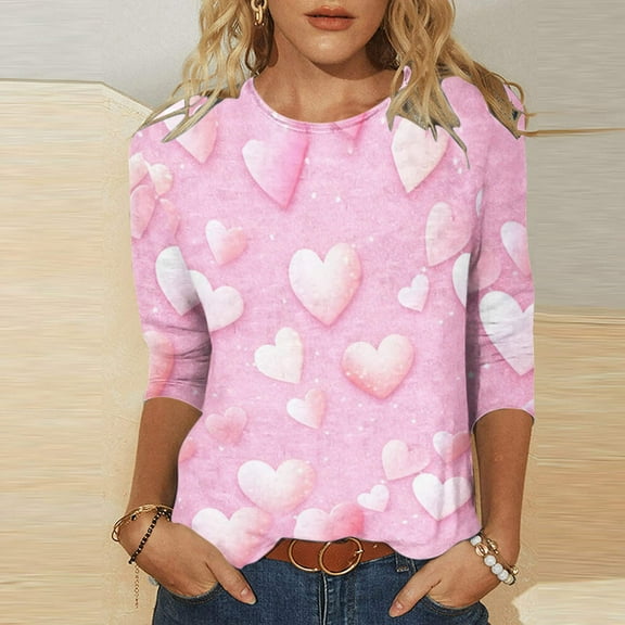 pimelu Valentine's Day Shirts for Women Valentine's Day Tops for Women Spring Loose Lightweight Comfy Round Neck 3/4 Sleeve Shirts Ladies Fashion Heart Print Pullover Blouses