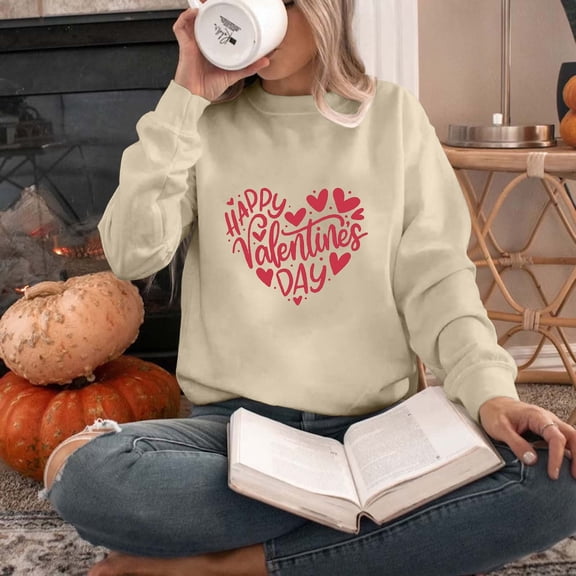 pimelu Valentine's Day Sweatshirt for Women Crewneck Sweatshirt for Women Happy Valentine's Day Trendy Letter Print Pullover Sweater Ladies Girls Spring Loose Long Sleeve Tops