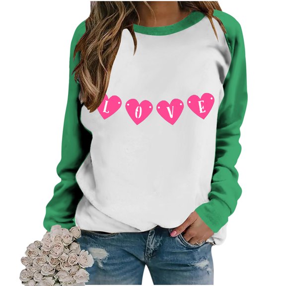 pimelu Valentine's Day Sweatshirt for Women Crewneck Sweatshirt Womens Fashion Color Block Heart Love Letter Print Sweater Tops Spring Ladies Loose Long Sleeve Pullover Tunic Blouses