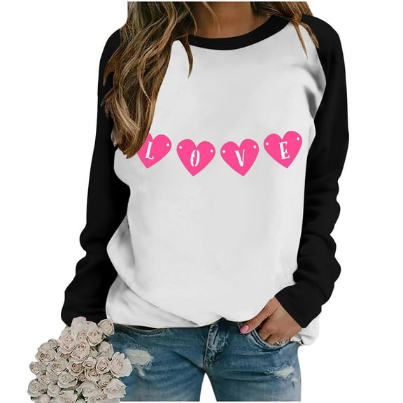 pimelu Valentine's Day Sweatshirt for Women Crewneck Sweatshirt Womens Fashion Color Block Heart Love Letter Print Sweater Tops Spring Ladies Loose Long Sleeve Pullover Tunic Blouses