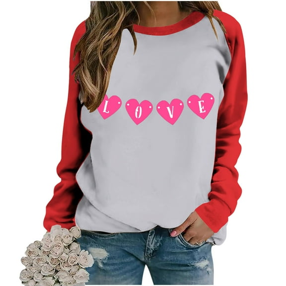 pimelu Valentine's Day Sweatshirt for Women Crewneck Sweatshirt Womens Fashion Color Block Heart Love Letter Print Sweater Tops Spring Ladies Loose Long Sleeve Pullover Tunic Blouses