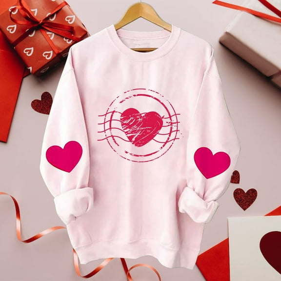 pimelu Valentine's Day Sweatshirt for Women Pink Sweatshirt for Women Loose Fashion Heart Graphics Print Fleece Sweater Tops Ladies Girls Long Sleeve Crewneck Pullover Sweatshirt