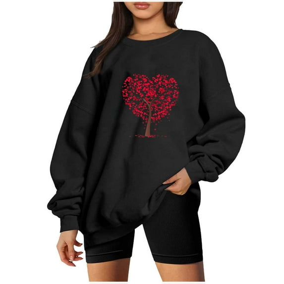 pimelu Valentine's Day Sweatshirt for Women Womens Crewneck Oversized Sweatshirts Trendy Heart Tree Graphics Print Pullover Sweater Ladies Girls Loose Long Sleeve Shirts Tops