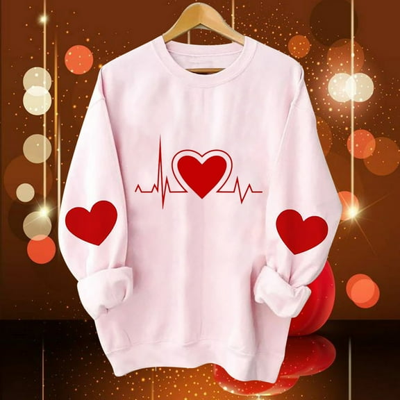 pimelu Valentine's Day Sweatshirt for Women Womens Pink Sweater for Valentine's Day Trendy Heart ECG Graphics Print Crewneck Ladies Loose Spring Long Sleeve Crewneck Pullover Tops