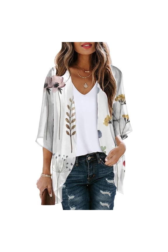 Women's Beach Kimono Coverup Sheer Chiffon Cover Ups Casual Loose 3/4 Sleeve Floral Open Front Boho Cardigan Tops
