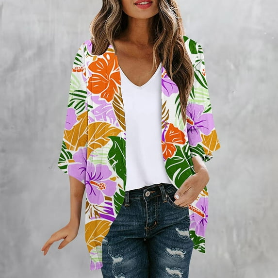 Dyegold Women's Beach Kimono Coverup Sheer Chiffon Cover Ups Casual Loose 3/4 Sleeve Floral Open Front Boho Cardigan Tops