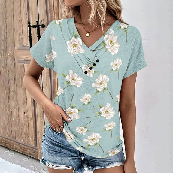 pimelu Womens Tops Blouses for Women Dressy Casual Button up Cowl Neck Comfy Breathable Tunic Tops Summer Casual Floral Print T-shirt Ladies V-Neck Short Sleeve Shirts