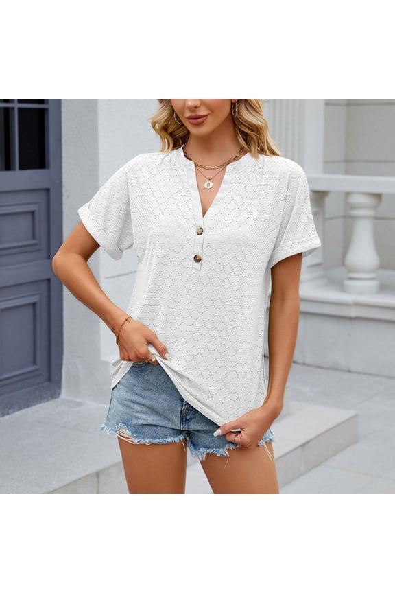 Womens Tops Cute Tops for Women Breathable Comfy Roll Sleeve Button up Blouses Summer Casual Solid T Shirts Ladies V-Neck Short Sleeve Tunic Top