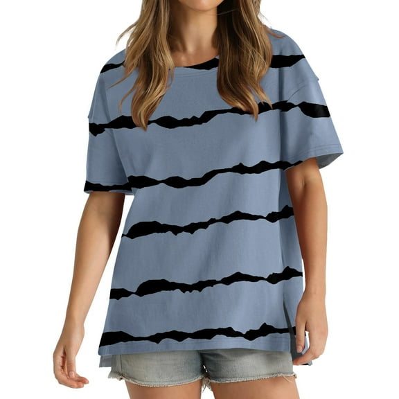 pimelu Womens Tops Cute Tops for Women Loose Fit Side Slit Irregular Swing Hem Shirts Summer Fashion Striped Print Tees Ladies Crewneck Short Sleeve Tunic Top