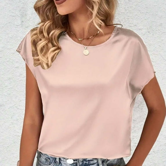 pimelu Womens Tops Cute Tops for Women Plus Size Lightweight Silky Satin Tunic Top Summer Fashion Solid Shirt Ladies Crewneck Short Sleeve Blouses