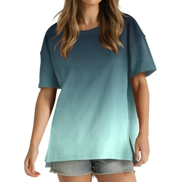 pimelu Womens Tops Cute Tops for Women Loose Fit Side Slit Irregular Swing Hem Shirts Summer Casual Gradient Print Tee Shirts Girls Round Neck Short Sleeve Tunic Top Clearance