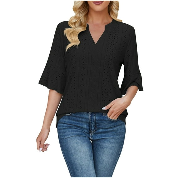 pimelu Womens Tops Dressy Tops for Women Lightweight Hollow out Ruffle Sleeve Tunic Tops Summer Trendy Solid Tee Shirts Girls V-Neck Elbow-Length Blouses