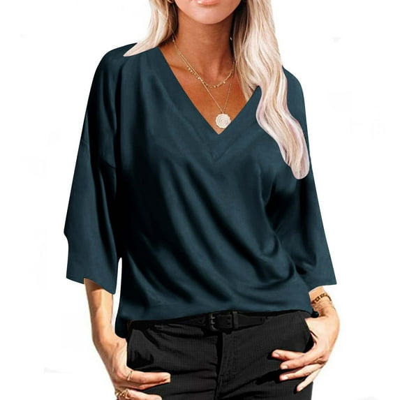 pimelu Womens Tops Dressy Tops for Women Breathable Comfy Loose Pullover Top Summer Trendy Solid Top Girls V-Neck 3/4 Sleeve Blouses