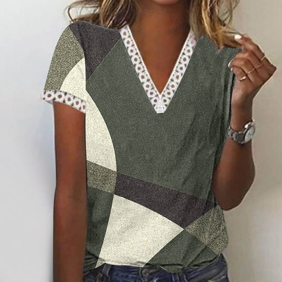 pimelu Womens Tops Going Out Tops for Women Plus Size Lightweight Loose Lace Trim Tunic Tops Summer Casual Geometric Print Shirt Ladies V-Neck Short Sleeve T-Shirts