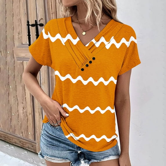 pimelu Womens Tops Shirts for Women Button up Cowl Neck Comfy Breathable Tunic Tops Summer Casual Striped Print Tee Tops Ladies V-Neck Short Sleeve Tee Top