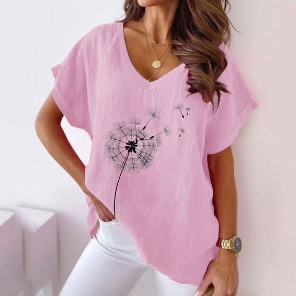 pimelu Womens Tops Shirts for Women Loose Breathable Comfy Cotton Linen Tees Summer Casual Dandelion Print T Shirt Girls V-Neck Short Sleeve Shirt Top
