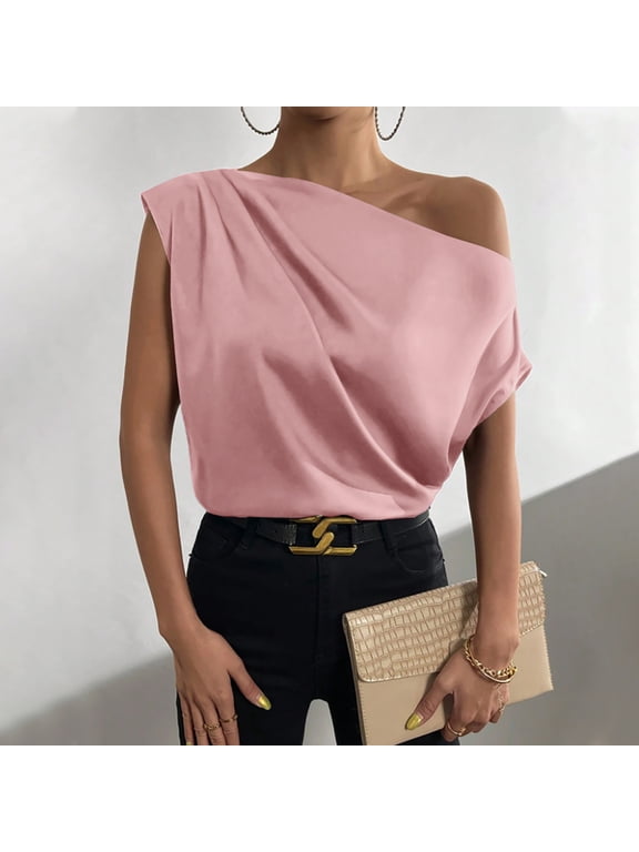 Womens Tops Shirts for Women One Shoulder Lightweight Silky Satin Ruched Tops Summer Trendy Solid Tee Shirts Girls Slash Neck Short Sleeve Shirts