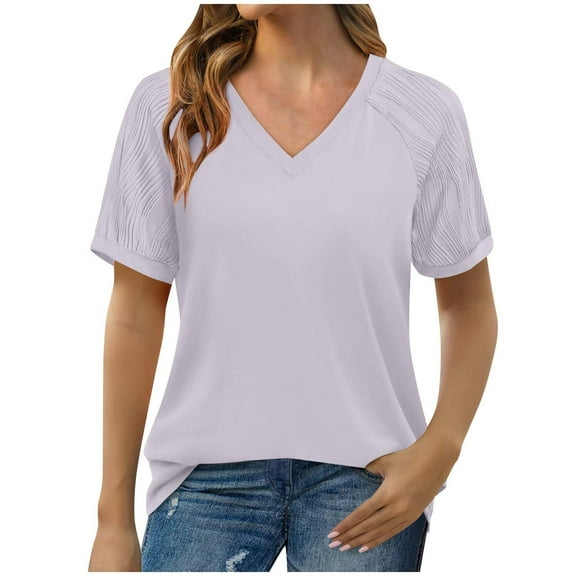 pimelu Womens Tops Shirts for Women Loose Comfy Breathable Tunic Tops Summer Fashion Solid Tops Girls V-Neck Short Sleeve Blouses