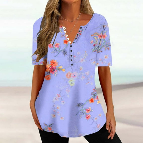 pimelu Womens Tops Summer Tops Button up Lightweight Comfy Loose Hem Blouses Henley Shirt Summer Trendy Floral Top Ladies V-Neck Short Sleeve Tunic Top