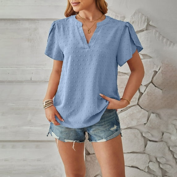 pimelu Womens Tops Summer Tops Lightweight Chiffon Jacquard Petal Sleeve Tunic Tops Summer Casual Solid T Shirts Girls V-Neck Short Sleeve Blouses