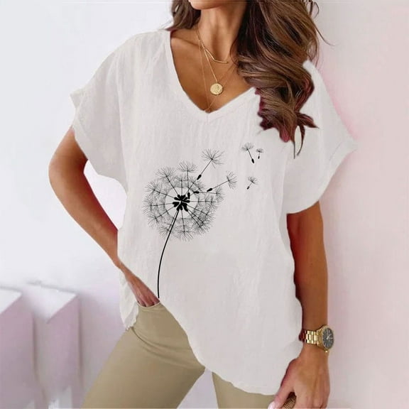 pimelu Womens Tops Summer Tops Loose Breathable Comfy Cotton Linen Tees Summer Fashion Dandelion Print Shirt Ladies V-Neck Short Sleeve Shirt Top