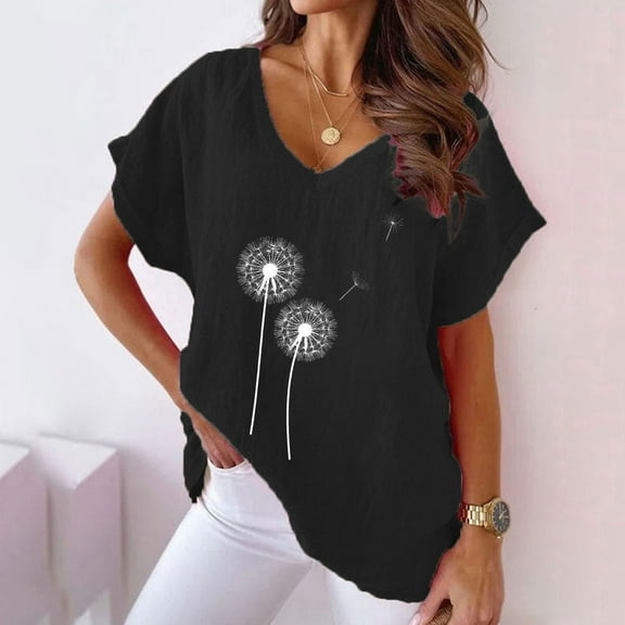 pimelu Womens Tops T Shirts for Women Loose Breathable Comfy Cotton Linen Tees Summer Fashion Dandelion Print Shirt Girls V-Neck Short Sleeve Shirts