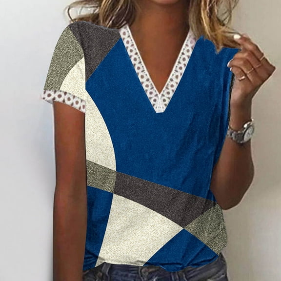 pimelu Womens Tops T Shirts for Women Plus Size Lightweight Loose Lace Trim Tunic Tops Summer Trendy Geometric Print Tees Ladies V-Neck Short Sleeve T-Shirts