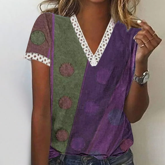 pimelu Womens Tops T Shirts for Women Plus Size Loose Lace Trim Retro Western Graphics Tunic Tops Summer Trendy Ethnic Style Print T Shirt Girls V-Neck Short Sleeve T-Shirts