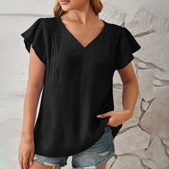 pimelu Womens Tops T Shirts for Women Ruffle Sleeve Pleated Lightweight Loose Tunic Top Summer Fashion Solid Tee Shirts Girls V-Neck Short Sleeve Blouses
