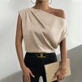 thumbnail image 1 of pimelu Womens Tops Tops for Women 2024 One Shoulder Lightweight Silky Satin Ruched Tops Summer Fashion Solid Blouses Girls Slash Neck Short Sleeve Shirts, 1 of 7