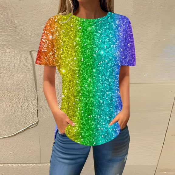 pimelu Womens Tops Tops for Women 2024 Plus Size Lightweight Comfy Going out Tunic Tops Summer Casual Gradient Print T Shirts Girls Crewneck Short Sleeve Tunic Top