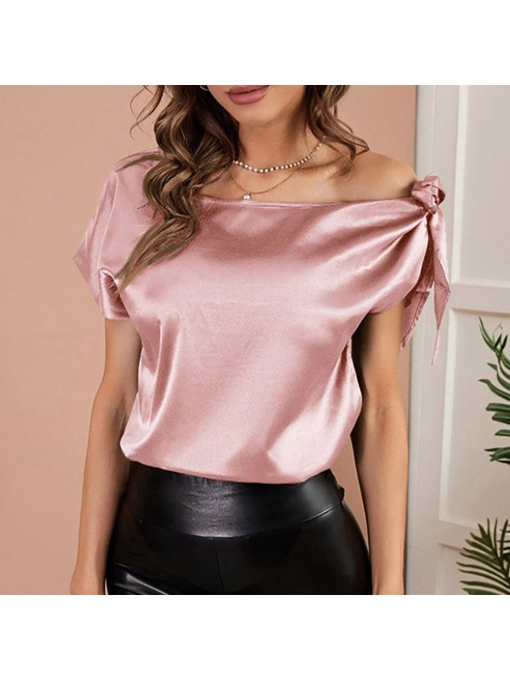 Womens Tops Tops for Women Trendy Going out off Shoulder Comfy Silky Satin Tunic Tops with Tie Summer Trendy Solid Tee Tops Girls Slash Neck Short Sleeve Shirts