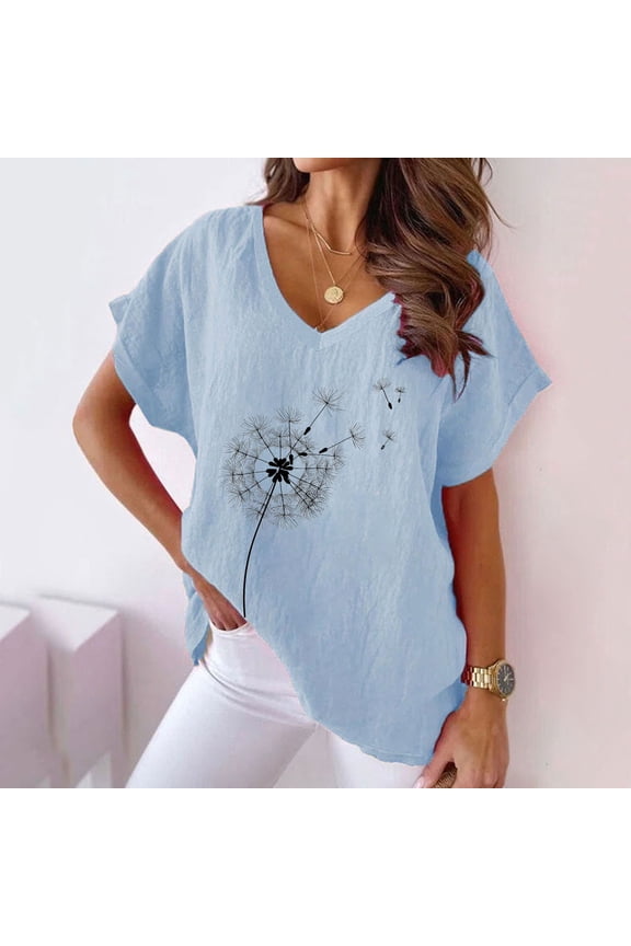 Womens Tops Tops for Women Trendy Loose Breathable Comfy Cotton Linen Tees Summer Fashion Dandelion Print Blouses Ladies V-Neck Short Sleeve Shirt Top