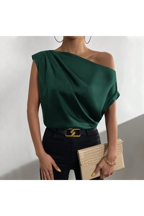 Womens Tops Tops for Women Trendy One Shoulder Lightweight Silky Satin Ruched Tops Summer Trendy Solid T Shirt Ladies Slash Neck Short Sleeve Shirts